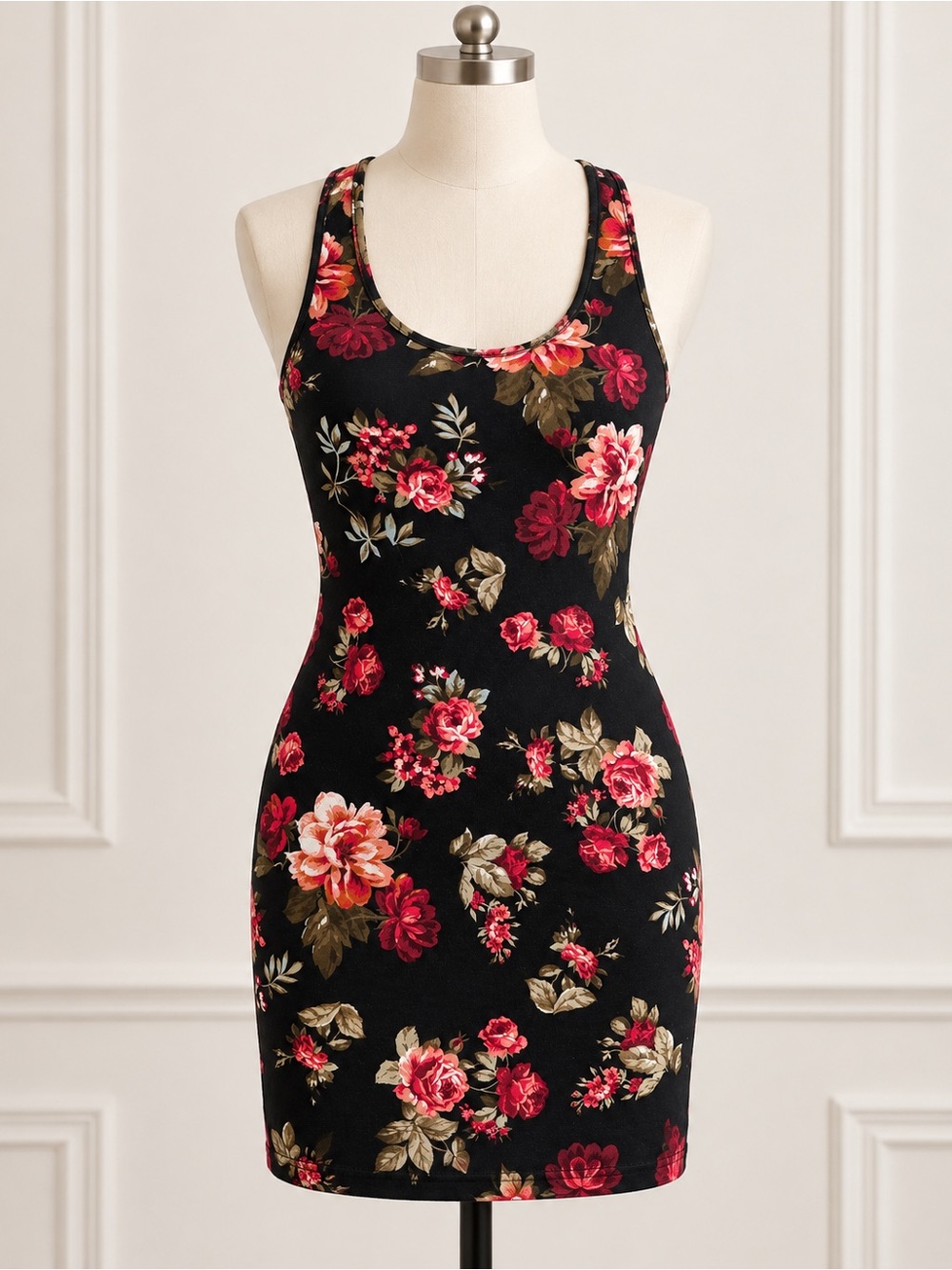 Floral Tank Bodycon Dress - Black with Pink Floral Print